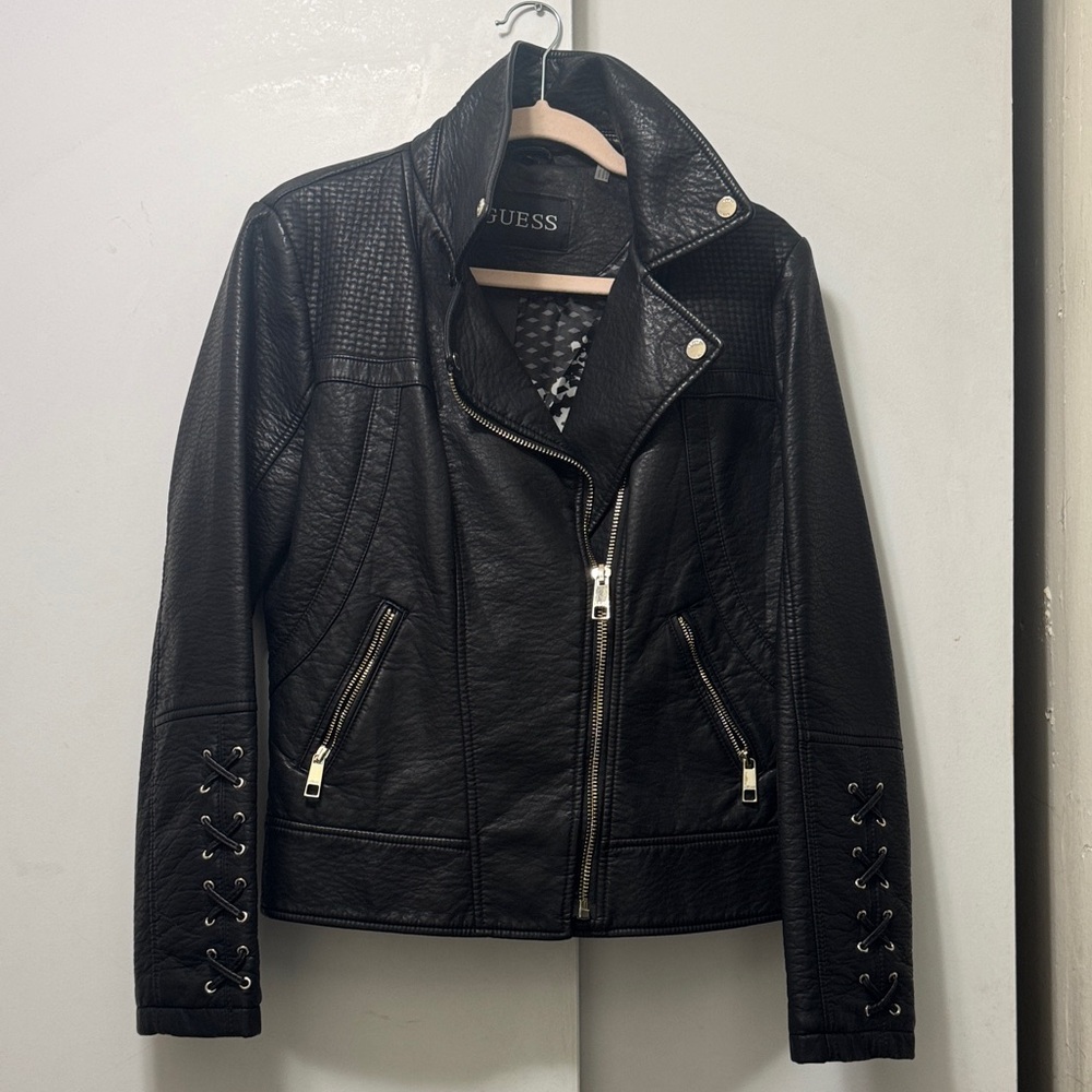 GUESS Quilted Black Leather Jacket with Lace-Up Details